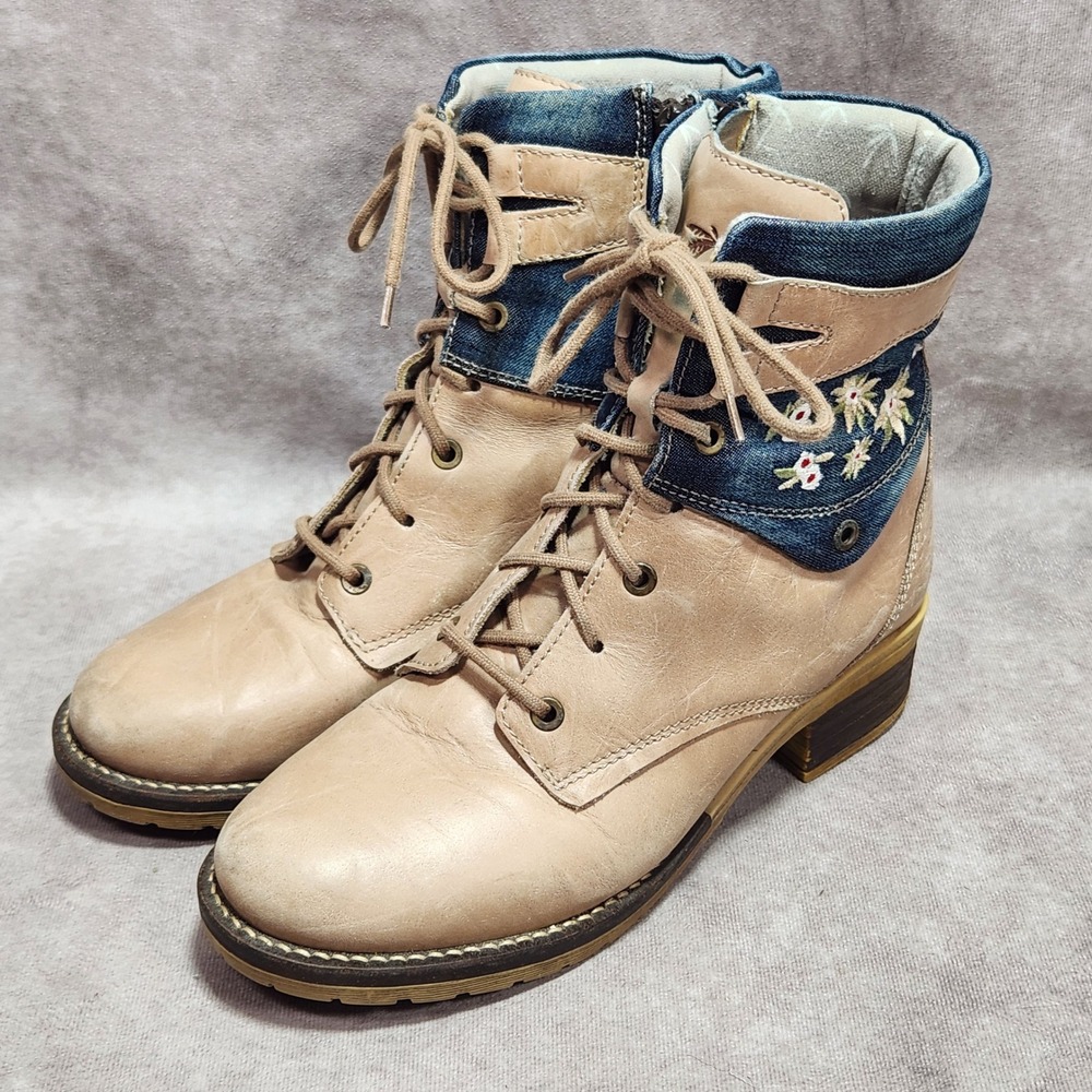 Dromedaris Kara Tan Leather Denim Floral Embroidered Combat Boots EU 41 DM 16 47
